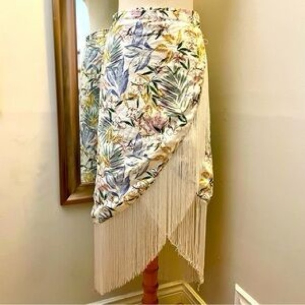 Sigrid Olsen Cream Floral Asymmetrical Fringe Skirt